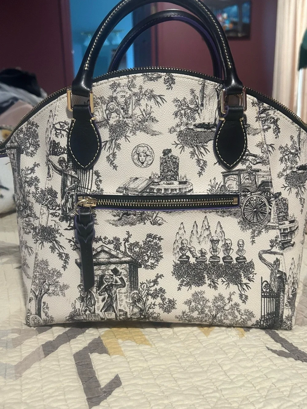 Dooney & Bourke Haunted Mansion Toile Satchel with Purple Trim